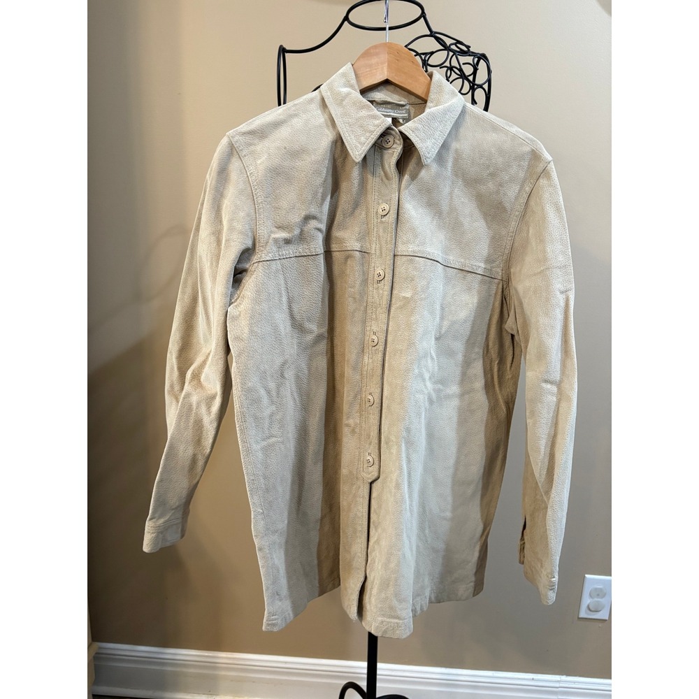 Coldwater Creek Cream Textured Suede Leather Button-up Shirt Jacket Large Womens